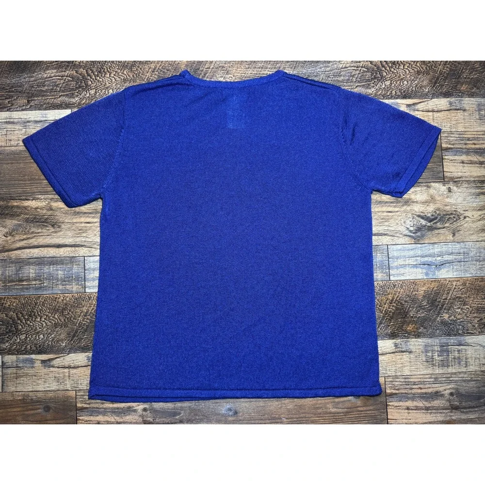 Sag‎ Harbor Sz Petite Large LP Blue Knit Top Short Sleeve Embellished Neckline - Picture 2 of 6